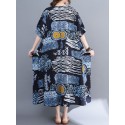 Women Loose Dress with Pockets Vintage Printed V Neck Half Sleeves Holiday Dress Robes