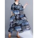 Women Loose Dress with Pockets Vintage Printed V Neck Half Sleeves Holiday Dress Robes