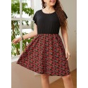 Women Plus Size Dress Short Sleeved Splicing High Waist Casual Dress