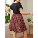 Women Plus Size Dress Short Sleeved Splicing High Waist Casual Dress