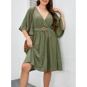 Women Plus Size Dress Half Sleeved Waist Strap Casual Dress