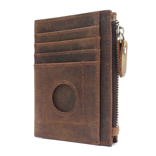 Men Cards Holder Compatible with Airtag RFID Blocking Zipper Wallet Brown