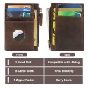 Men Cards Holder Compatible with Airtag RFID Blocking Zipper Wallet Brown